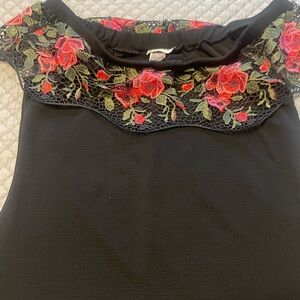 Black Top with Red Floral Lace Detail